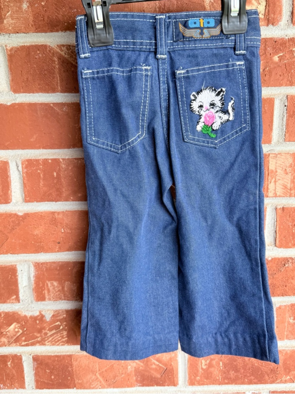 Vintage Blue Kids Jeans with Kitten Embroidery
